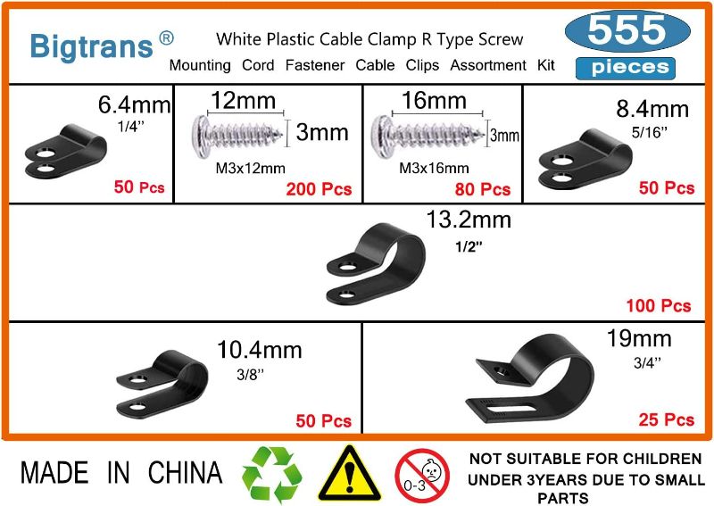 Photo 2 of Bigtrans 555 Pcs Nylon Plastic R-Type Wire Clips with Screws 1/4" 5/16" 3/8" 1/2" 3/4" Clamps Fasteners Assortment for Cable Conduit -5 Size -Black New