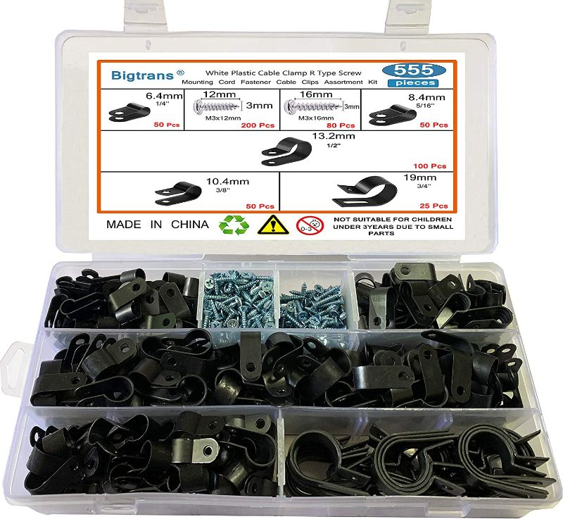 Photo 1 of Bigtrans 555 Pcs Nylon Plastic R-Type Wire Clips with Screws 1/4" 5/16" 3/8" 1/2" 3/4" Clamps Fasteners Assortment for Cable Conduit -5 Size -Black New