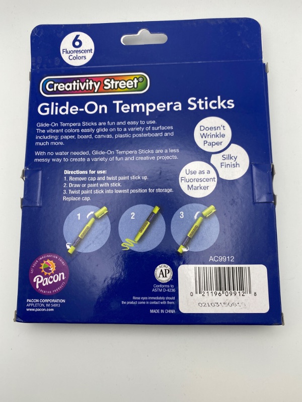 Photo 6 of Creativity Street Glide-On Tempera Paint Sticks, 6 Assorted Fluorescent Colors, 5 Grams, 6 Count New