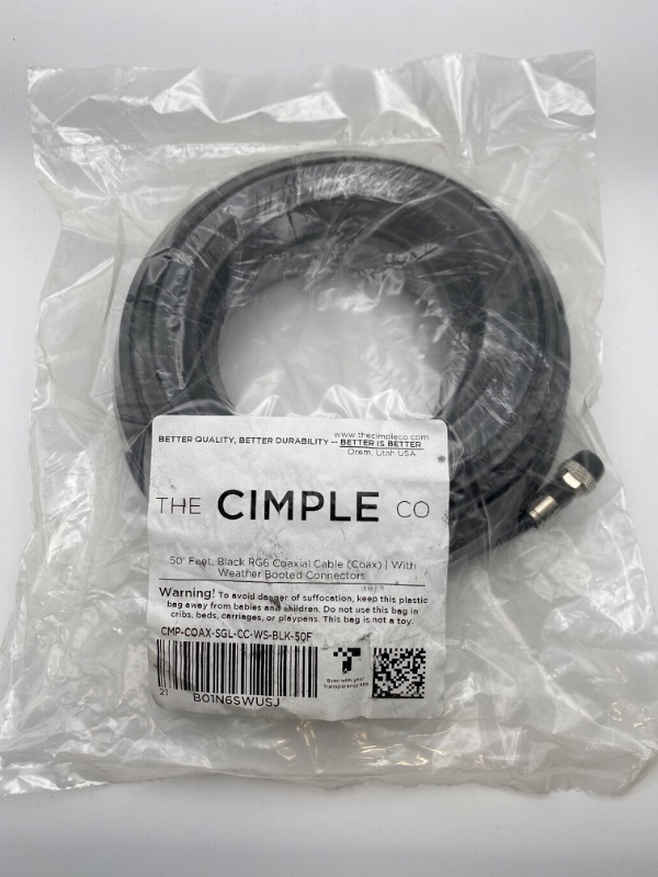 Photo 6 of THE CIMPLE CO 50' Feet, Black RG6 Coaxial Cable with Rubber booted - Weather Proof Indoor/Outdoor Rated Connectors, F81 / RF, Digital Coax for CATV, Antenna, Internet, Satellite, and More New