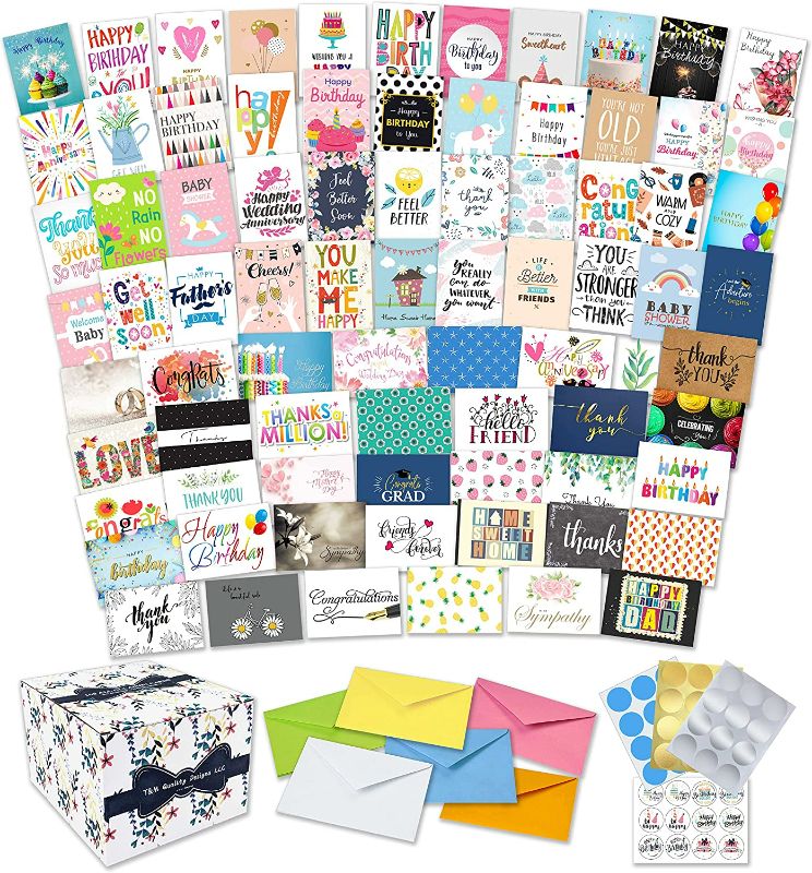 Photo 1 of 100 All Occasion Cards Assortment Box with Envelopes and Stickers - Large 5x7 Inch Bulk Greeting Cards and Blank Notes, 100 Unique Designs in a Sturdy Card Organizer Box New