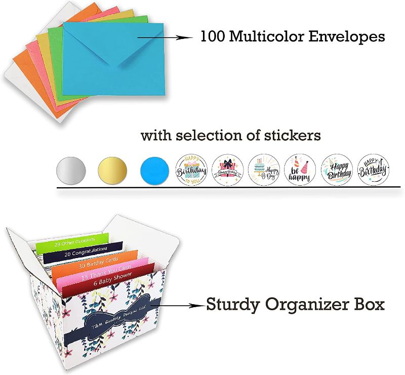 Photo 7 of 100 All Occasion Cards Assortment Box with Envelopes and Stickers - Large 5x7 Inch Bulk Greeting Cards and Blank Notes, 100 Unique Designs in a Sturdy Card Organizer Box New