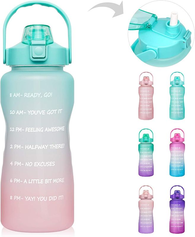 Photo 1 of Half Gallon Motivational Water Bottle with Straw & Time Marker - 64 oz BPA Free Reusable Tritan Frosted Large Sport Water Bottle Leakproof Big Plastic Men Women Kids 2L Water Jug for Workout Office (pink-purple) New
