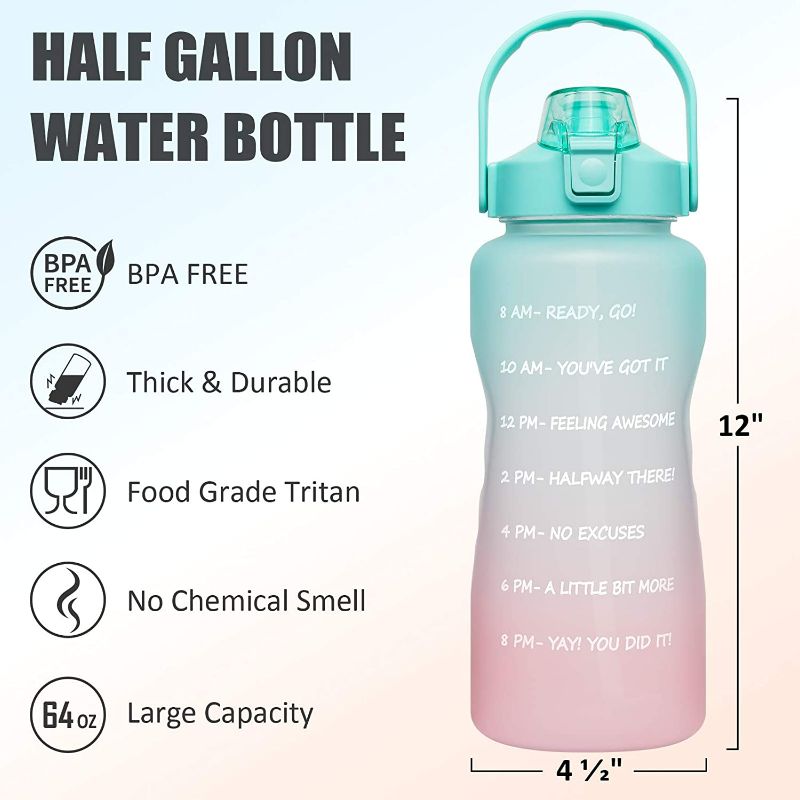 Photo 3 of Half Gallon Motivational Water Bottle with Straw & Time Marker - 64 oz BPA Free Reusable Tritan Frosted Large Sport Water Bottle Leakproof Big Plastic Men Women Kids 2L Water Jug for Workout Office (pink-purple) New