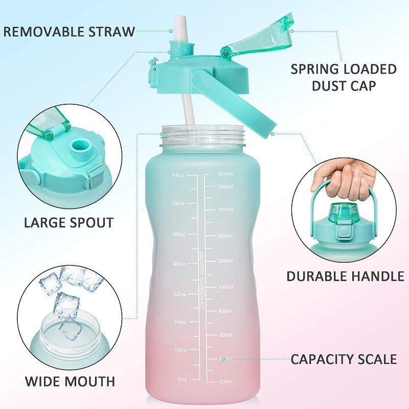 Photo 4 of Half Gallon Motivational Water Bottle with Straw & Time Marker - 64 oz BPA Free Reusable Tritan Frosted Large Sport Water Bottle Leakproof Big Plastic Men Women Kids 2L Water Jug for Workout Office (pink-purple) New