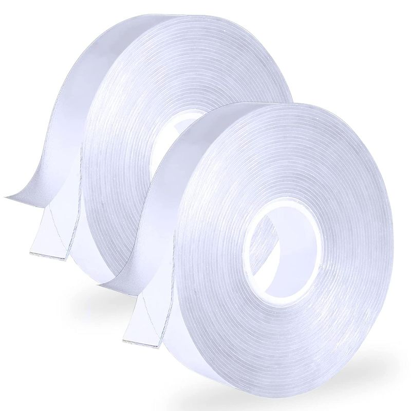 Photo 1 of Double Sided Mounting Tape Heavy Duty, 2 Rolls Two Sided Strong Adhesive Strips, Removable Clear Sticky Tack for Wall Hanging, 6 Meters Washable Reusable Nano Magic Tape Gel