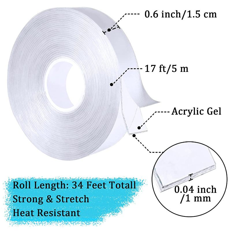 Photo 1 of Double Sided Mounting Tape Heavy Duty, 2 Rolls Two Sided Strong Adhesive Strips, Removable Clear Sticky Tack for Wall Hanging, 6 Meters Washable Reusable Nano Magic Tape Gel