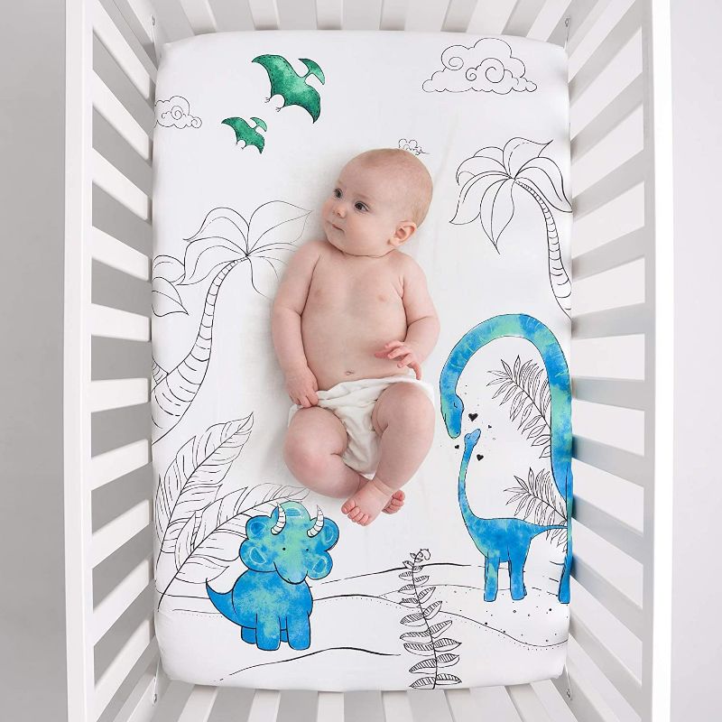 Photo 3 of JumpOff Jo - Fitted Mini Crib Sheet for Portable Crib, Playard, and Playpen Mattresses and Mats, Super Soft 100% Cotton, 24 in. x 38 in. - Dinosaur new