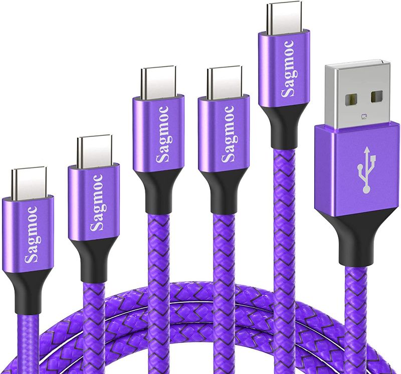 Photo 1 of Sagmoc Type C Charger Cable Purple - USB C Rapid Charging Cord Shiny Nylon Braided?5 Pack? 2FT 3FT 2X6FT 10FT for Samsung S10 S9 S8 Plus, Note 8, LG G6 G5 V30 V20, Google Pixel/XL, Moto Z/Z2 (Blue)