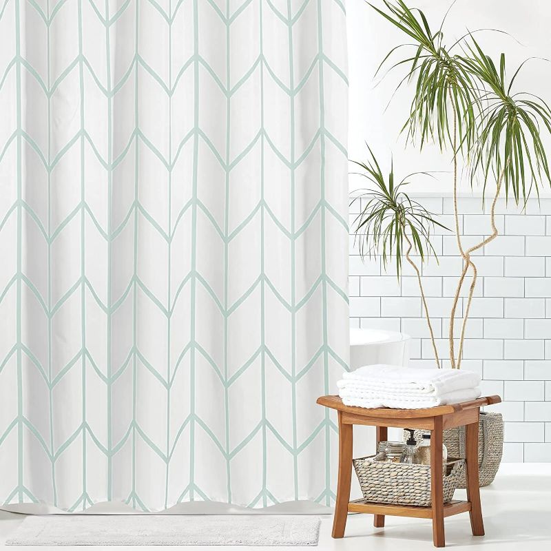 Photo 2 of mDesign Fabric Geometric Shower Curtain - Herringbone Chevron Print with Reinforced Buttonholes for Master/Guest Bathroom - Machine Washable & Water Resistant Curtains - 72" x 72" - Mint Green/White New