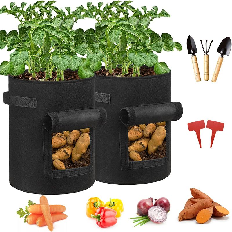 Photo 1 of Life Diaries Potato Grow Bags 2 Pack 10 Gallon with Flap Window, Garden Planting Bag with Durable Handle, Thickened Nonwoven Fabric Pots for Tomato, Vegetable and Fruits (Black) New