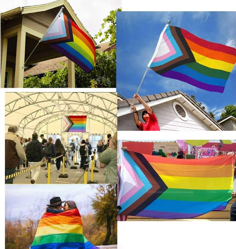 Photo 3 of Progress Pride Rainbow Flag 3x5 ft - LGBTQ Community Support Banner Inlcusive Gay Lesbian Bisexual Pride Flags Vivid Color for Outdoor Indoor New
