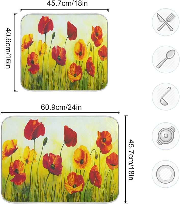 Photo 3 of Poppy Floral Dish Drying Mat for Kitchen 16x18 inch Drying Mat Red Flower Spring Summer Tulips Dish Drainer Pad for Kitchen Counter New