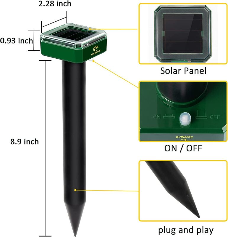 Photo 3 of Careland Solar Mole Groundhog Repellent Stakes Outdoor Ultrasonic Gopher Repeller Vole Deterrent Waterproof Sonic Repellent Spikes Drive Away Burrowing Animals from Lawns and Yard (4) new