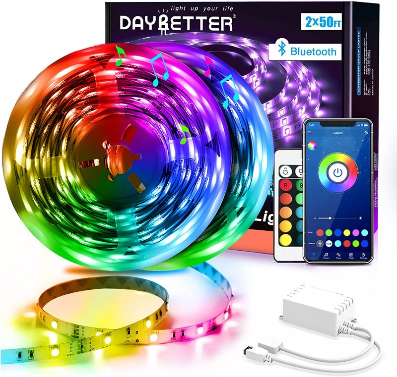 Photo 1 of DAYBETTER Led Strip Lights 100ft (2 Rolls of 50ft) Smart Light Strips with App Control Remote, 5050 RGB Led Lights for Bedroom, Music Sync Color Changing Lights for Room Party