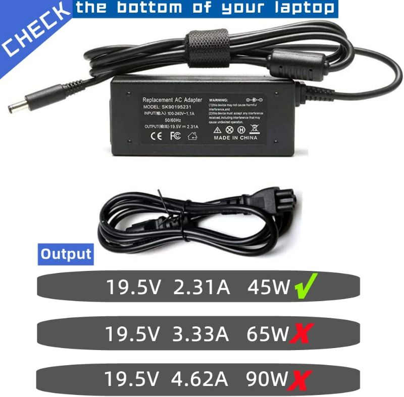 Photo 2 of 45W AC Adapter Laptop Charger Replacement for Dell Inspiron 15 3000 5000 7000 14-5000 13-7000, Inspiron 15-3552 3555 3558 5559 5565 Charger, Dell P58F P51F P25T P24T Laptop Power Cord New
