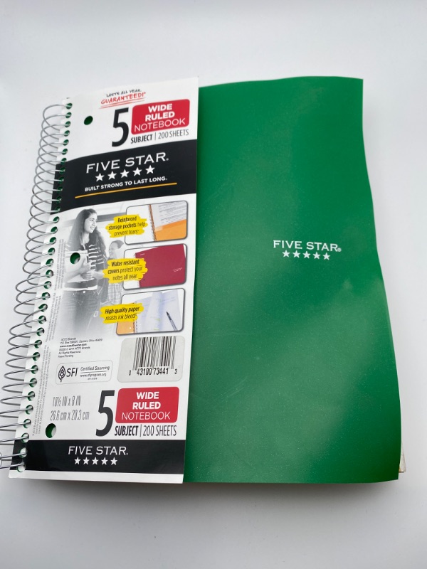 Photo 5 of Five Star Spiral Notebook, 5 Subject, Wide Ruled Paper, 200 Sheets, 10-1/2" x 8", Green (73441)