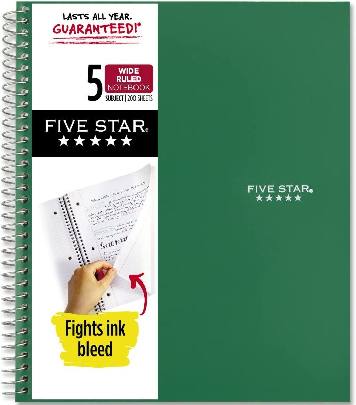 Photo 1 of Five Star Spiral Notebook, 5 Subject, Wide Ruled Paper, 200 Sheets, 10-1/2" x 8", Green (73441)