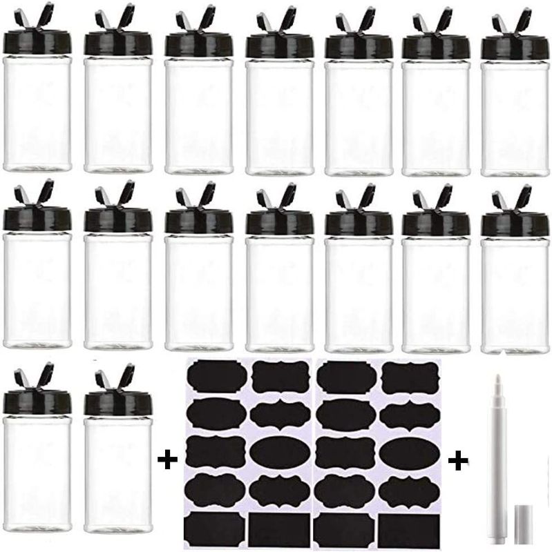 Photo 1 of 16 Pack 7oz Clear Plastic Spice Jars Storage Container Bottle Containers with Black Cap Perfect for Storing Spice,Herbs and Powders(Provide chalkboard labels,Chalk Marker) New