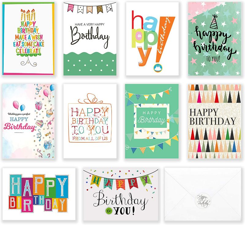 Photo 1 of 120 Happy Birthday Cards with Short Generic Message Inside , Assorted Greeting Notes Bulk with Envelopes and Stickers, 10 Unique Designs, 4x6 Inch, Thick Cardstock, Sturdy Box for Business and Personal New