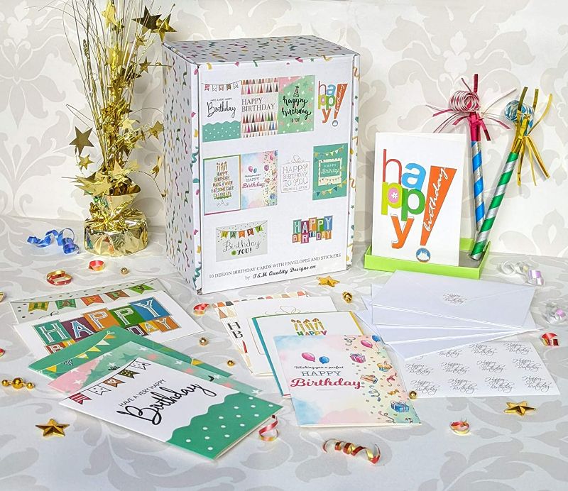 Photo 3 of 120 Happy Birthday Cards with Short Generic Message Inside , Assorted Greeting Notes Bulk with Envelopes and Stickers, 10 Unique Designs, 4x6 Inch, Thick Cardstock, Sturdy Box for Business and Personal New