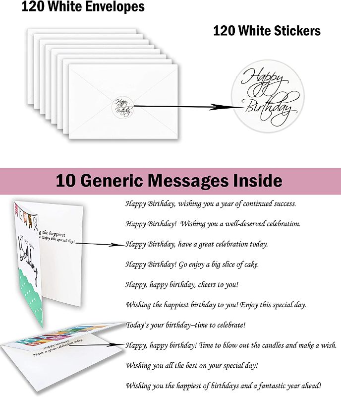 Photo 4 of 120 Happy Birthday Cards with Short Generic Message Inside , Assorted Greeting Notes Bulk with Envelopes and Stickers, 10 Unique Designs, 4x6 Inch, Thick Cardstock, Sturdy Box for Business and Personal New