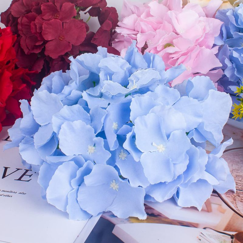 Photo 2 of Artificial Hydrangea Silk Flowers Heads Full Hydrangea Flowers Pack of 10 (Blue)