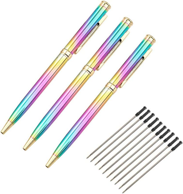 Photo 1 of 3 Pieces Rainbow Metal Ballpoint Pen Retractable Metal Crystal Pens Creative Signature Pens Cute Ballpoint Pens with 10 Pcs Replacement Refills for Office Supplies, Decorations, Women Gifts New