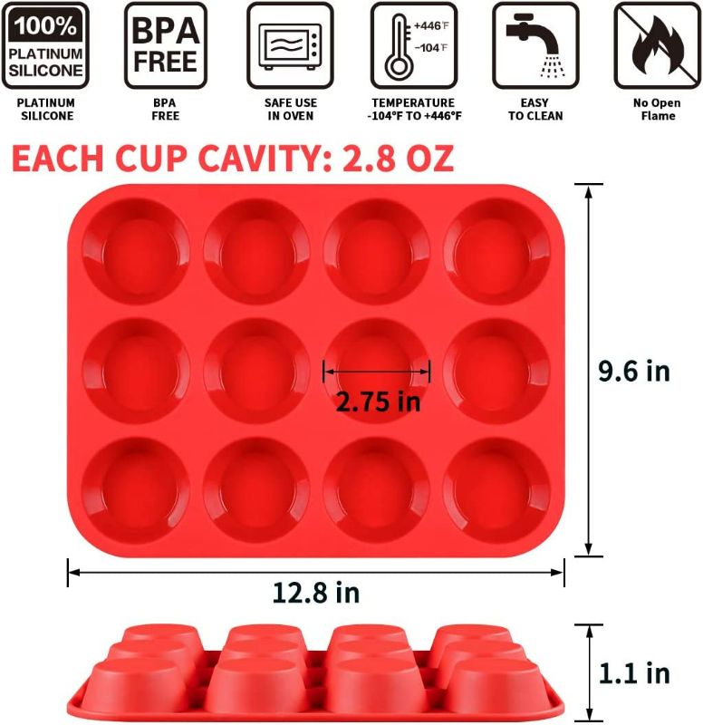 Photo 3 of 12 Cups Silicone Muffin Pan - Nonstick BPA Free Cupcake Pan 1 Pack Regular Size Silicone Mold Red New