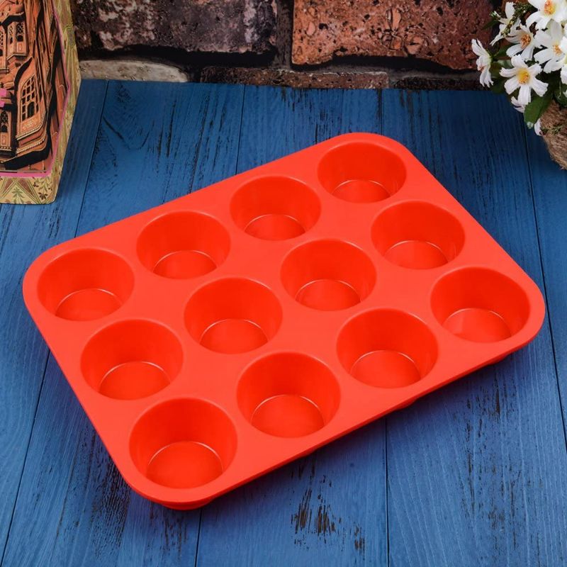 Photo 4 of 12 Cups Silicone Muffin Pan - Nonstick BPA Free Cupcake Pan 1 Pack Regular Size Silicone Mold Red New