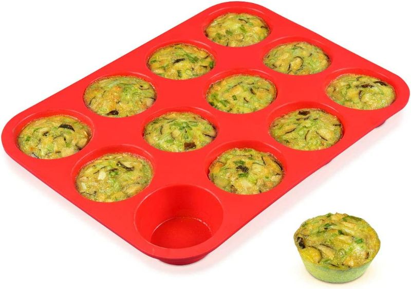 Photo 1 of 12 Cups Silicone Muffin Pan - Nonstick BPA Free Cupcake Pan 1 Pack Regular Size Silicone Mold Red New