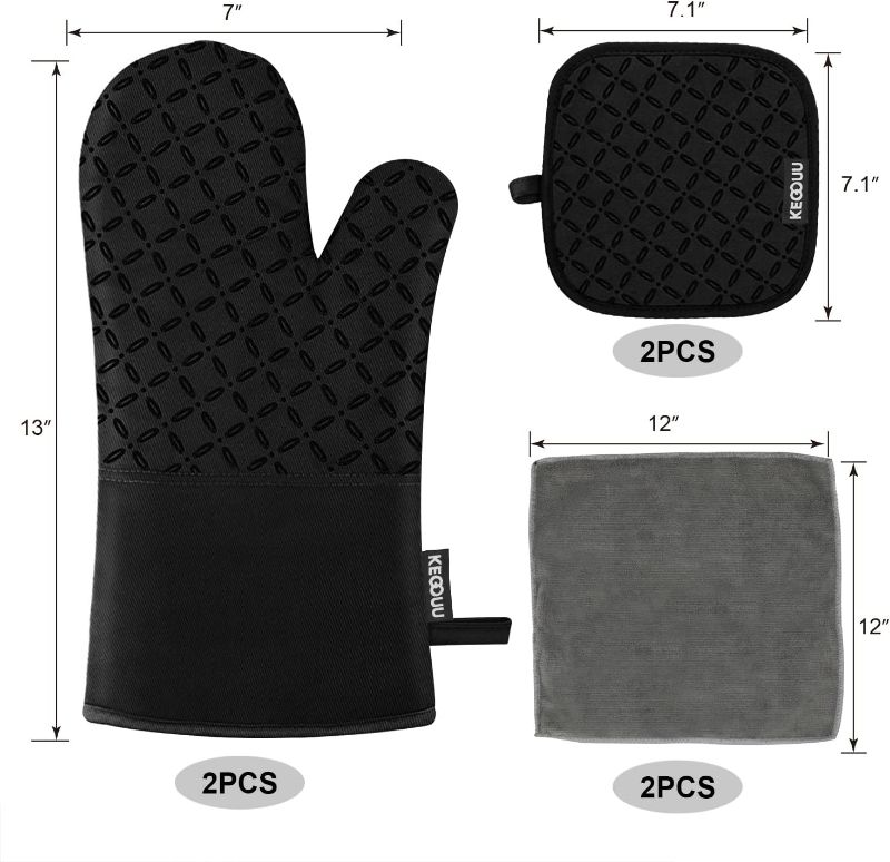 Photo 2 of KEGOUU Oven Mitts and Pot Holders 6pcs Set, Kitchen Oven Glove High Heat Resistant 500 Degree Extra Long Oven Mitts and Potholder with Non-Slip Silicone Surface for Cooking (Black)