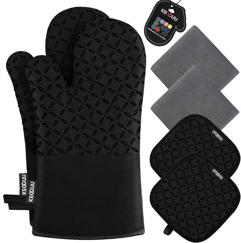 Photo 1 of KEGOUU Oven Mitts and Pot Holders 6pcs Set, Kitchen Oven Glove High Heat Resistant 500 Degree Extra Long Oven Mitts and Potholder with Non-Slip Silicone Surface for Cooking (Black)