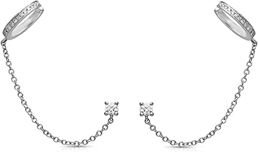 Photo 1 of Cuff Small Hoop Halo CZ Stud Chain Climber Crawler Earrings for Women Teen Girls Cartilage Double Holes S925 Sterling Silver Hypoallergenic Fashion Personalized Threader Tiny Huggie Hoops Gifts Bff Birthday New