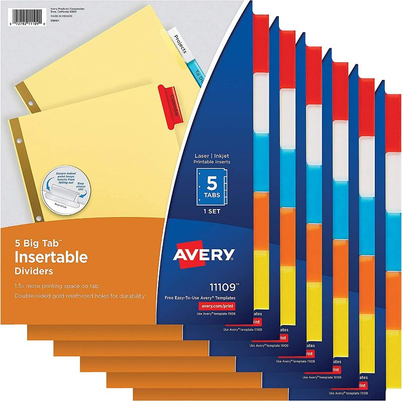 Photo 1 of Avery 11109 5-Tab Binder Dividers, Insertable Multicolor Big Tabs, 6 Sets New