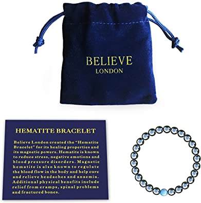 Photo 1 of Believe London Hematite Magnetic Therapy Bracelet with Jewelry Bag & Meaning Card | Strong Elastic | Precious Natural Stones Healing New