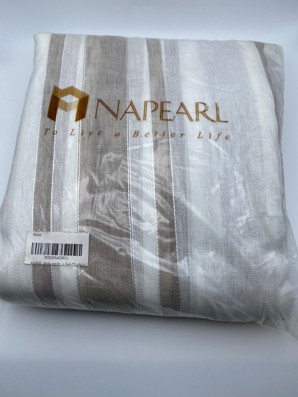 Photo 4 of NAPEARL White and Brown Striped Semi Sheer Curtains, Linen Textured Privacy Curtains 84 Inches Long, Attractive Patterned Sheer Curtains for Bedroom Living Room ( 2 Panels, Each 52 x 84 in ) New