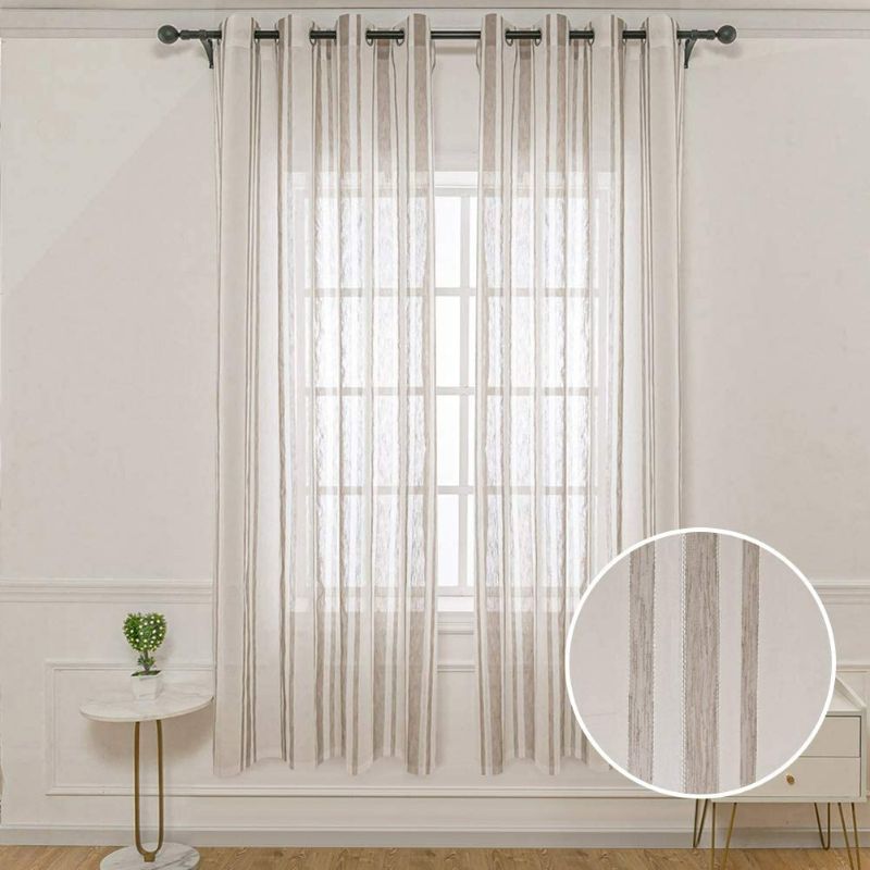 Photo 1 of NAPEARL White and Brown Striped Semi Sheer Curtains, Linen Textured Privacy Curtains 84 Inches Long, Attractive Patterned Sheer Curtains for Bedroom Living Room ( 2 Panels, Each 52 x 84 in ) New