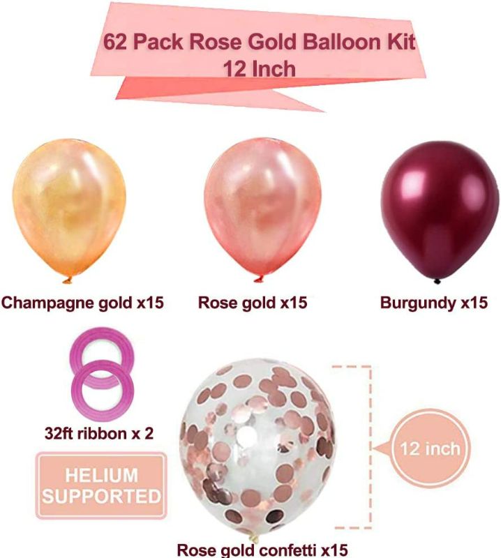 Photo 2 of 62 Pieces Rose Gold Burgundy Confetti Balloons Kit, 12 Inch Rose Gold Confetti Burgundy Rose Gold Latex Balloons with Balloon Ribbon for Wedding Birthday Girl Party Background Decorations New