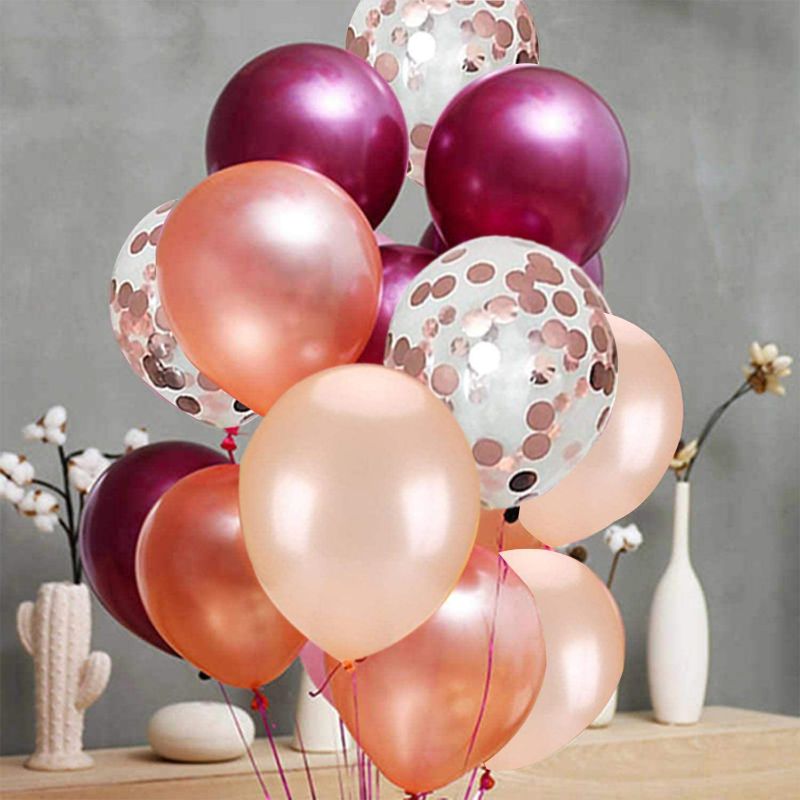 Photo 3 of 62 Pieces Rose Gold Burgundy Confetti Balloons Kit, 12 Inch Rose Gold Confetti Burgundy Rose Gold Latex Balloons with Balloon Ribbon for Wedding Birthday Girl Party Background Decorations New