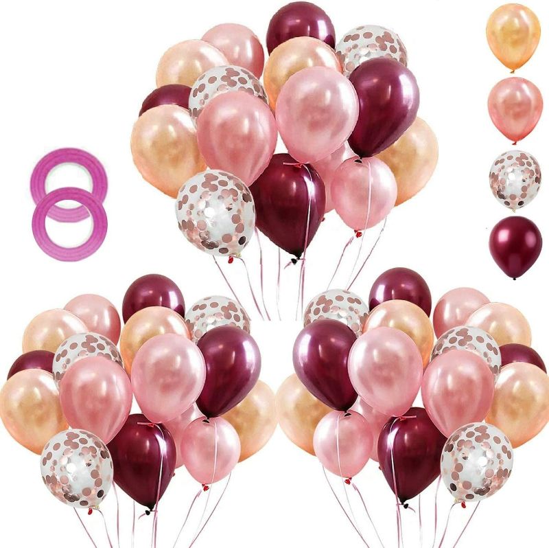 Photo 1 of 62 Pieces Rose Gold Burgundy Confetti Balloons Kit, 12 Inch Rose Gold Confetti Burgundy Rose Gold Latex Balloons with Balloon Ribbon for Wedding Birthday Girl Party Background Decorations New