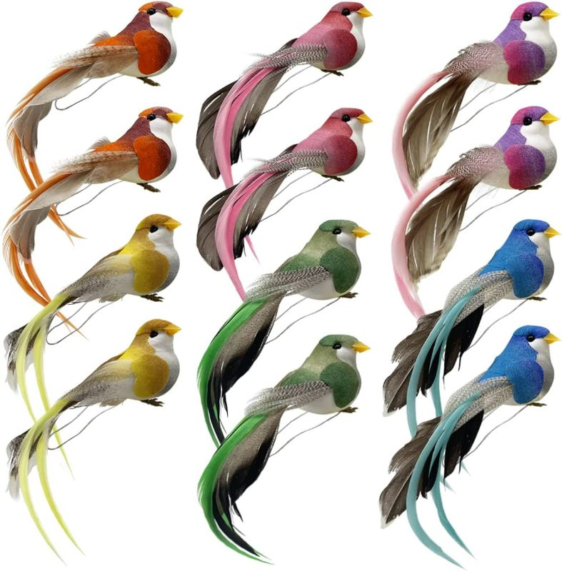 Photo 1 of 12pcs Artificial Simulation Foam Birds Mini Colorful Assorted Feather Birds for Christmas Decoration Craft Home Ornaments Garden Wedding Decor Embellishing 12cm/4.72inch with Claw