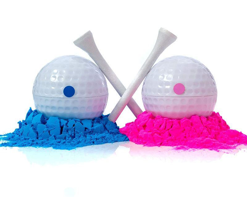Photo 1 of Gender Reveal Golf Balls Exploding Golf Ball Set (1 Pink + 1 Blue + 2 Wooden Tees per Pack) Girl or Boy Baby Reveal Ideas / Announcement Party | Maximum Powder for the Best Explosion of Smoke New