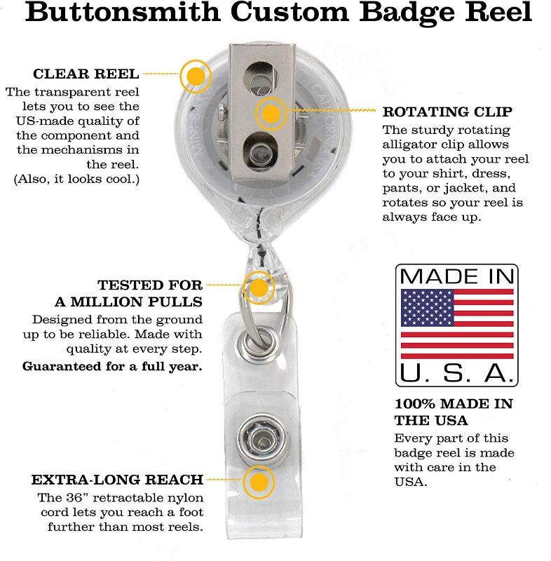 Photo 2 of Buttonsmith Hokusai Tinker Reel Retractable Badge Reel - with Alligator Clip and Extra-Long 36 inch Standard Duty Cord - Made in The USA New