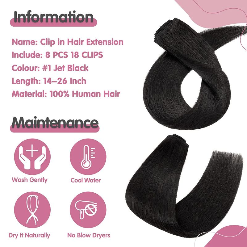 Photo 2 of Clip In Hair Extensions Human Hair Thin Hair Light Weight 8 Pcs 18 Clips 65g/Set Premium Remy Clip In Human Hair Short Hair Standard Weft Full Head Silky Straight (16", #01 Jet Black) New