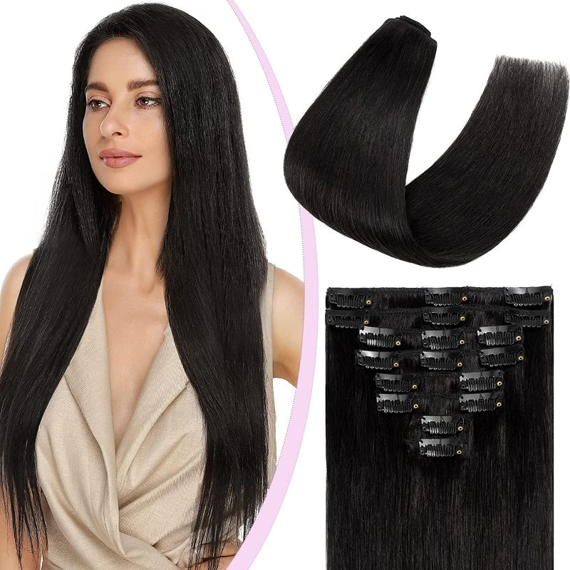 Photo 1 of Clip In Hair Extensions Human Hair Thin Hair Light Weight 8 Pcs 18 Clips 65g/Set Premium Remy Clip In Human Hair Short Hair Standard Weft Full Head Silky Straight (16", #01 Jet Black) New