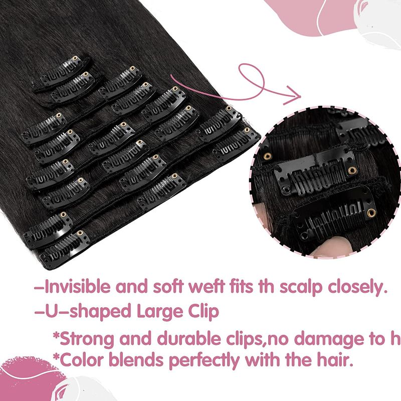 Photo 3 of Clip In Hair Extensions Human Hair Thin Hair Light Weight 8 Pcs 18 Clips 65g/Set Premium Remy Clip In Human Hair Short Hair Standard Weft Full Head Silky Straight (16", #01 Jet Black) New