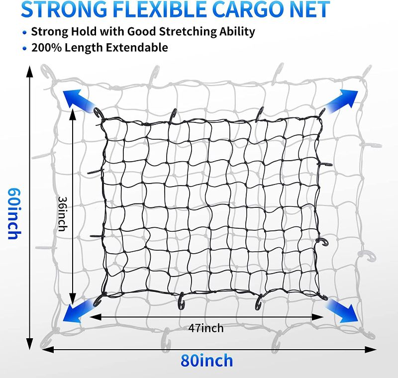 Photo 2 of 47"x 36" Cargo net Bungee Nets Stretches to 80"x 60", Holds More Than 200 lbs Loads,16 Adjustable Hooks, 4 Metal Carabiners -Easily Adaptable to Pickup Truck Bed and SUV Rooftop Travel Luggage Rack New