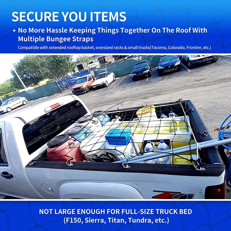 Photo 4 of 47"x 36" Cargo net Bungee Nets Stretches to 80"x 60", Holds More Than 200 lbs Loads,16 Adjustable Hooks, 4 Metal Carabiners -Easily Adaptable to Pickup Truck Bed and SUV Rooftop Travel Luggage Rack New