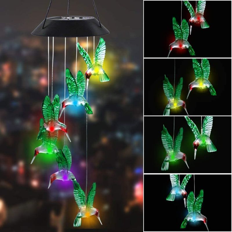 Photo 1 of MorTime LED Solar Hummingbird Wind Chime, 25" Mobile Hanging Wind Chime for Home Garden Decoration, Automatic Light Changing Color(Hummingbird) New